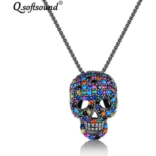 Skull Pendant Necklace Women Black Gold Filled Colour Zircon Paved Gothic Jewelry Accesorios Mujer Chain Ketting Collier QN0906