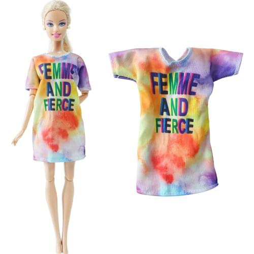 BJDBUS 1 Pcs Doll T-shirt Dress Colourful Letter Daily Casual Wear Fashion Cool Clothes for Barbie Doll Accessories DIY Toys