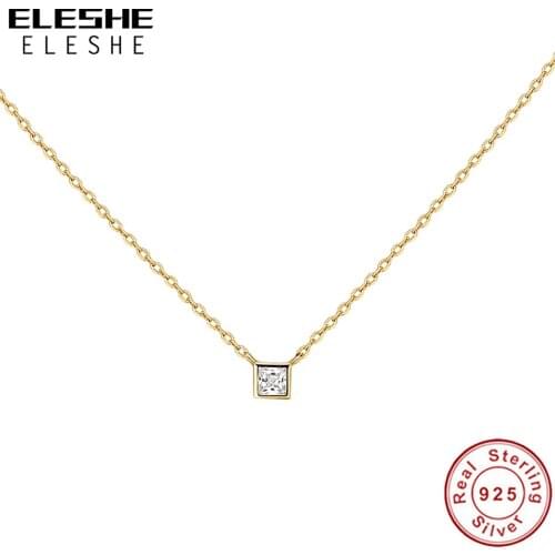 ELESHE Real 925 Silver Small Square Shiny Diamond Necklace with 18k Golden Plated Women Simple Fashion Wedding Jewelry