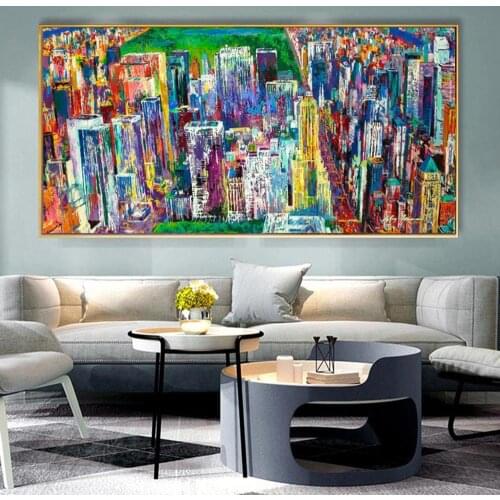 DDHH Home Painting Large Size Abstract City Oil Painting Manhattan Panorama Wall Decor Blue For Print Picture