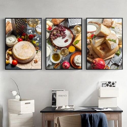 Cheese On Wooden Table Canvas Painting Wine Dining Poster Prints Wall Art Room Home Decor Picture for Living Room Kitchen Decor