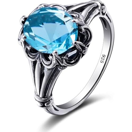 Szjinao Sterling Silver Rings Women Aesthetic Vintage Ring Silver 925 Stone Aquamarine Handmade Prong Setting Turkish Jewelry