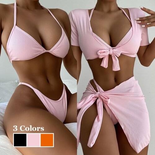 Sexy Triangle Push Up Bikini Set Short Sleeve Four Pieces Swimsuit For Women Bowknot Bathing Suit Swimdress Swimwear Beachwear
