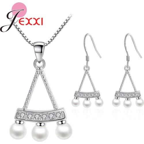 Fashion Austrian Crystal White Pearl Earrings Necklace Jewelry Sets Classic Wedding Dress 925 Sterling Silver Swing Shaped