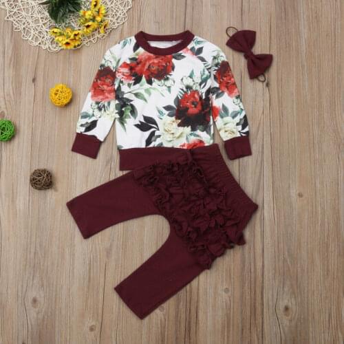 Newborn Baby Girls Clothes Winter Outfits Red Long Sleeve Flower Tops Sweatshirt+Ruffle Pants+Headband 3Pcs Set Clothes