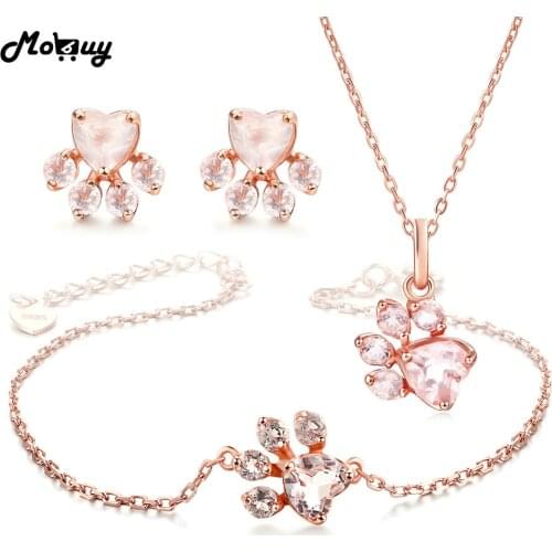 MoBuy 4pcs Heart Gemstone Rose Quartz 100% 925 Sterling Silver 3pcs Jewelry Sets For Women Bearfoot Fine Jewelry V035EHN