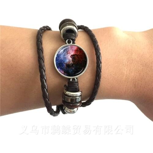 Mendittorosa Natural Nebula Galaxy Space Trendy Jewelry With Glass Cabochon Black/Brown Leather Bracelet For Women Wedding