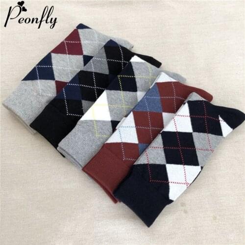 Peonfly Geometry Classic Plaid Printed Socks Men Casual New 2020 Winter Combed Cotton Harajuku Hip Hop Vintage Calcetines