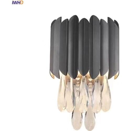 IWHD Nordic Black Crystal Wall Lights Fixtures Living Room Bedroom Mirror Light Modern Wall Lamp Sconce Aplique Pared Wandlamp