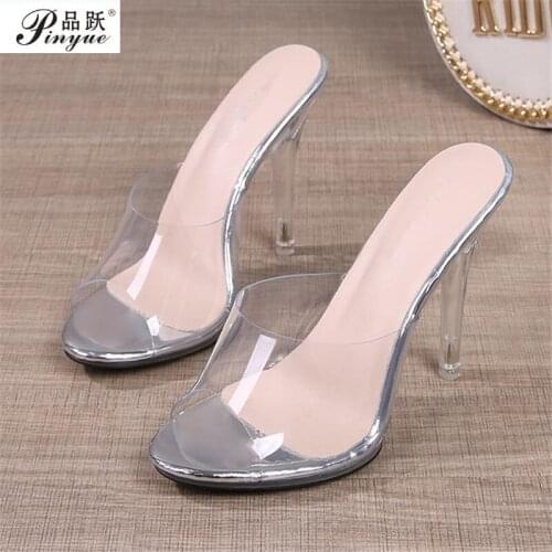 2021 summer new fashion thin heel high heel sandals sexy night show transparent crystal glass womens slippers