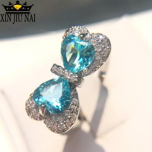 Aqua Blue Cubic Zirconia Crystal CZ Silver Color Rings Wedding Bowknot For Women Girls Gift Jewelry Wholesale Aquamarine Ring