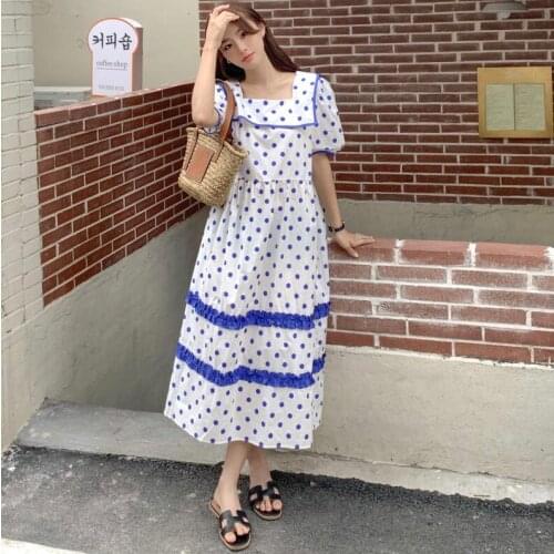 Polka Dot Print Summer Party Dress Women O-Neck Kawaii Puff Sleeve Long Midi Dress French Vintage Ruffles Loose Oversized