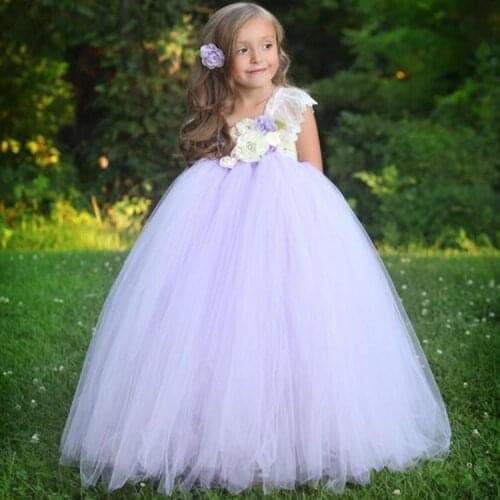 Girls Flowers Princess Lavender Tutu Dress Kids Crochet Long Dress Ball Gown with Lace Shoulder Children Party Costume Dresses