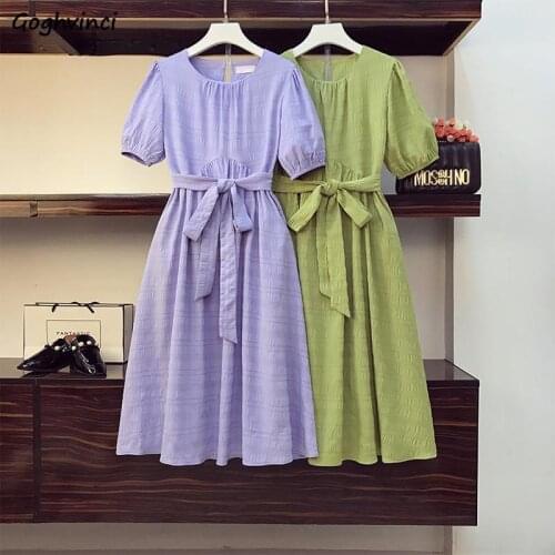 Women Short Sleeve Dresses Solid Soft Lace-up Sashes Breathable Loose Large Size 4XL Elegant Ladies Dress A-line Pleated Fashion