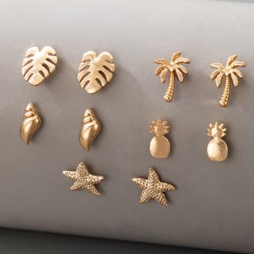 Tocona 5pair/sets Bohemian Leaf Earrings Set for Women Exuquisite Starfish Pineapple Conch Summer Jewelry Accessories 16698