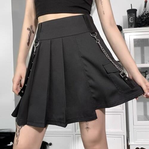 Gothic High Waist Black Skirts Women Clothing Streetwear Pocket Pleated Skirt Alt Clothes Punk Patchwork Bandage Mini Skirt