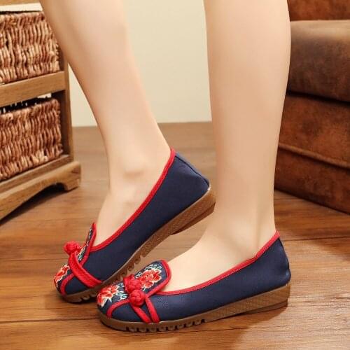 YourSeason Retro Ladies Canvas Embroidered Slip-On Ballet Flats Comfort Women Casual Non-Slippery Platforms Sneakers Red Blue
