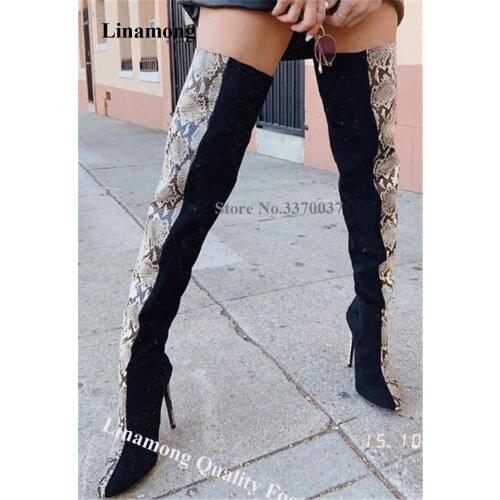 Linamong Newest Pointed Toe Snake Splice Black Over Knee Stiletto Heel Boots Sexy Patchwork Long High Heel Boots Club Dress Shoe