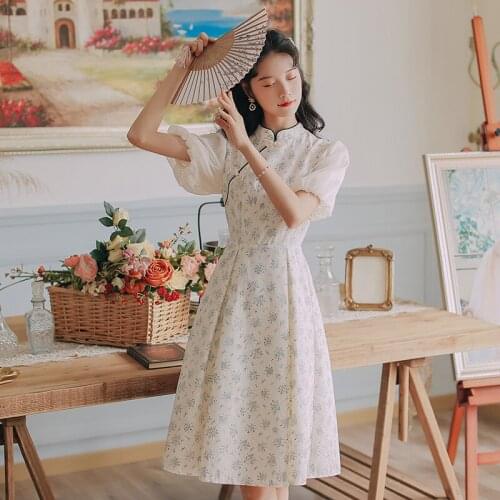 Ladies Gentle Retro Printed Cheongsam Dress 2021 Summer Retro Cheongsam Improved Dress Ladies Modern Fashion Girl Elegant Dress