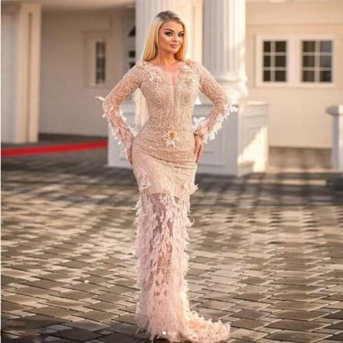 Light Pink See Through Mermaid Evening Dresses 2021 Sheer Neck Lace Long Sleeves Prom Gowns Feather Sweep Train Robe De Soiree
