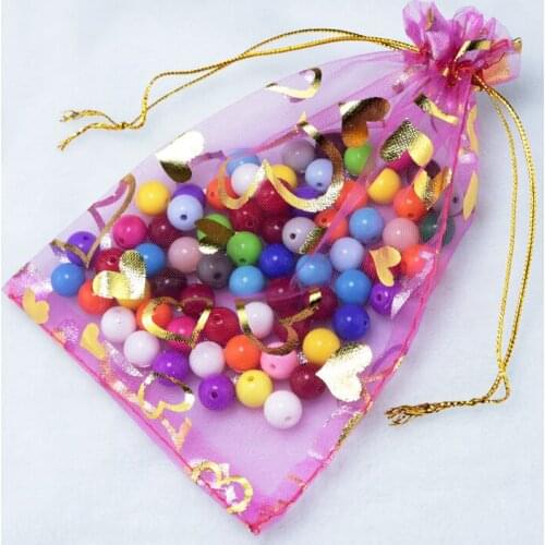 20*30cm Hot Pink Organza Bags Gold Heart Jewelry Cosmetics Packaging Bags Wedding Gift Bags Package Bolsas De Organza 100pcs