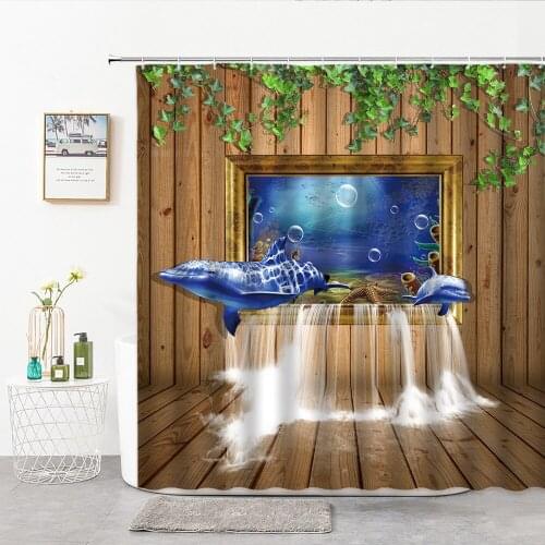 3D Dolphin Shower Curtain Ocean Biological Wood Grain And Green Plant Leaves Bath Things For Home Perforated Curtains With Hook