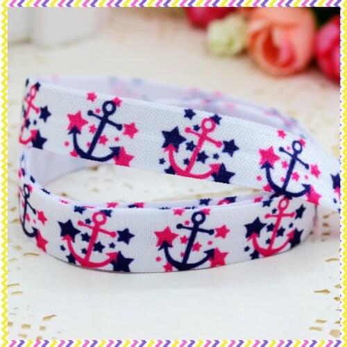5/8'' Free shipping Fold Over Elastic FOE navy anchor printed headband headwear hair band diy decoration wholesale OEM B571