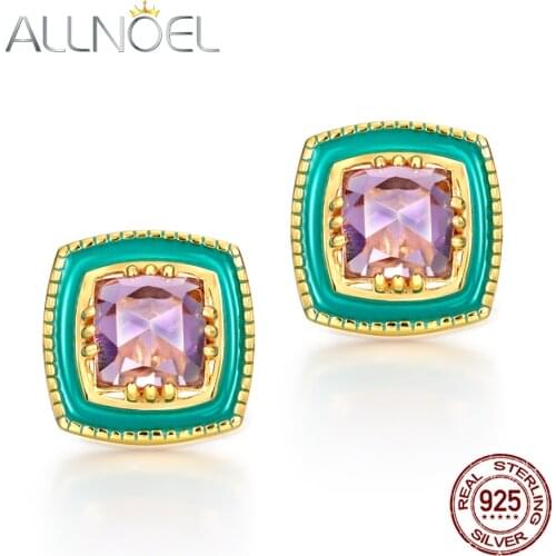 ALLNOEL 925 Sterling Silver Earrings Natural Amethyst Gem Diamond Earrings For Women Real Gold Engagement Wedding Fine Jewelry