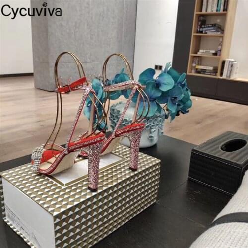 Shiny Crystal High Heel Sandals Women Sexy One-Strap Stilettos Mules Summer Shoes 2020 Runway Wedding Party Shoes Woman