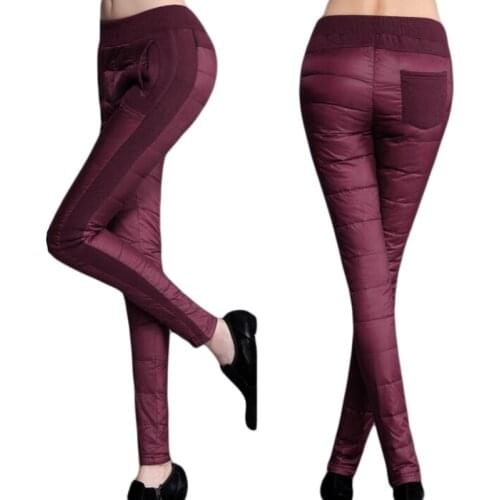 Winter Pants Women Duck Down Velvet High Waist Skinny Warm Formal Pants Female Black Elastic Waist Work Trousers Women