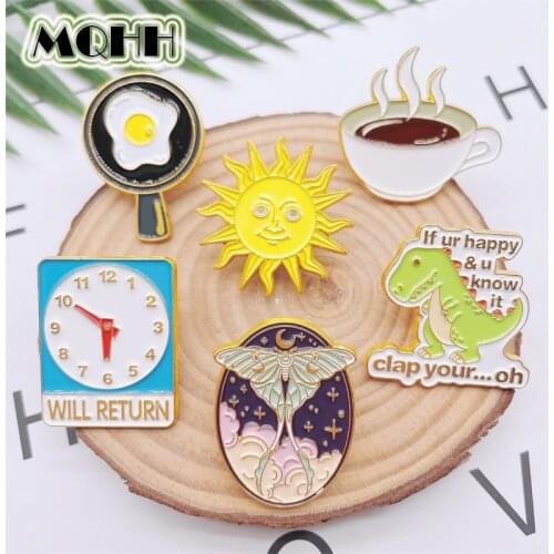 Creative Fun Animal Dinosaur Butterfly Star Sun Enamel Pins Fried Egg Coffee Clock Alloy Brooch Badge Women Jewelry Gift