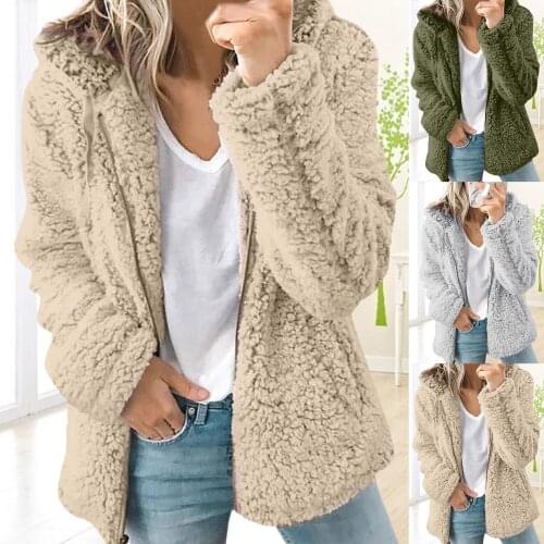 New Women Autumn Winter Zipper Pockets Long Sleeve Thicken Faux Plush Fleece Coat Hooded Outerwear
