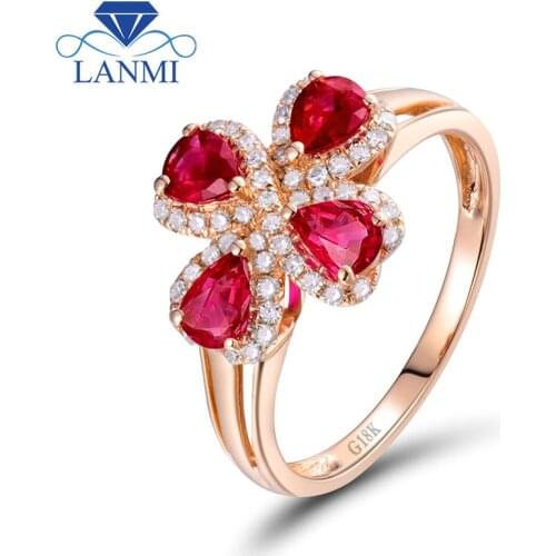 Flower Shaped Ruby Rings Engagement Rind Pear Cut 3.3x4.3mm Gemstone In 18K Rose Gold Diamond Jewelry for Lady WU144