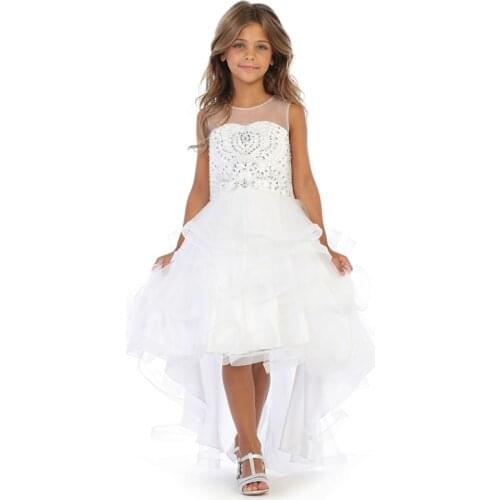 2021 New Lovely On Sale High Low Flower Girls Dresses White Sleeveless Tiered Skirt Holy Communion Gowns O Neck Beading