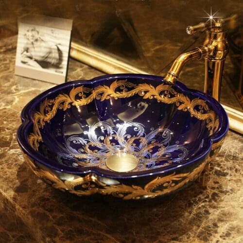 Europe style luxury bathroom vanities chinese Jingdezhen Art Counter Top flower shape ceramic restaurant wash basin