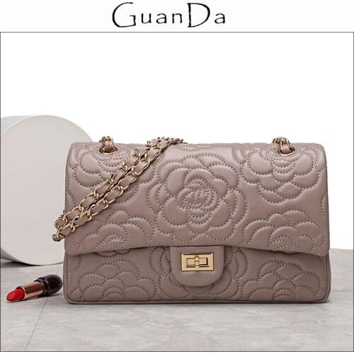 Luxury Embroidery Flower Lamb Leather Womens Bag Fashion New Embossed Camellia Sheep Skin Lady Messenger Chain Shoulder Bag