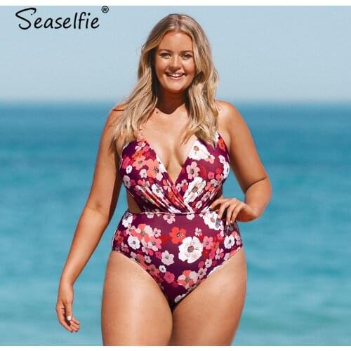 SEASELFIE Plus Size Floral Cutout V-neck One Piece Swimsuit Women Sexy Large Size Monokini Bathing Suit 2021 New Beach Swimwear