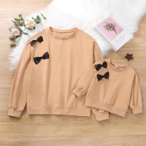Family Outfits Mom and Kids Autumn Winter Long Sleeve Sweatshirts with Bow Parents Girls Tops