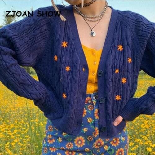 Streetwear Orange Daisy Embroidery Knitted Cardigan Vintage Navy blue Twist Sweater Punk pull Korea Clothes Women Knit kardigan