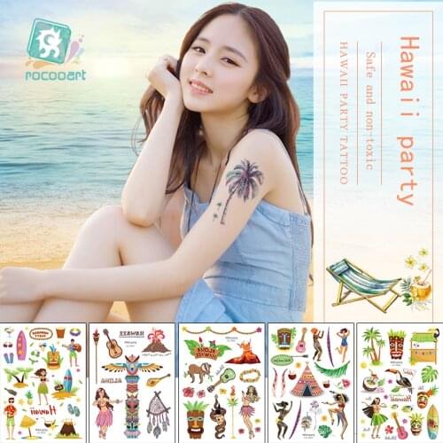 Rocooart Hawaii Flamingo Temporary Tattoo stickers Tropical Kids Birthday Party Body Decor Waterproof Sticker Party DIY Tatoo