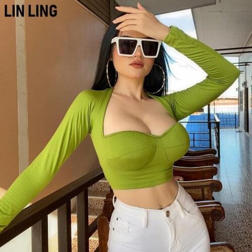 LINLING 2020 Autumn Sexy Open Navel T-shirt Women V-Neck Long Sleeve Slim Solid Color Aesthetic Blouse