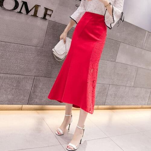 S-5xl Plus Size Autumn Fashion Women Skirt Work Office Lady Long Skirts Elegant Lace Patchwork Slim Hips Red Black Skirt Female