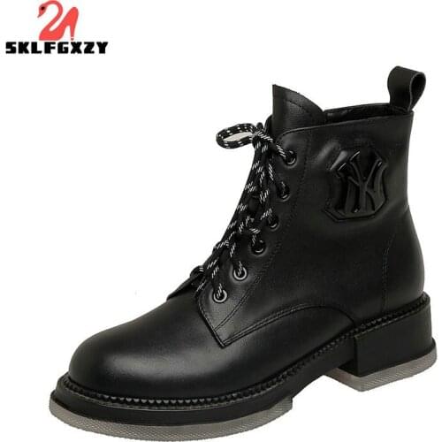 2021 New Hot Sale Genuine Leather Shoes Women Ankle Boots Flat Shoes Lace Up Round Toe Winter Popular Short Boots Female