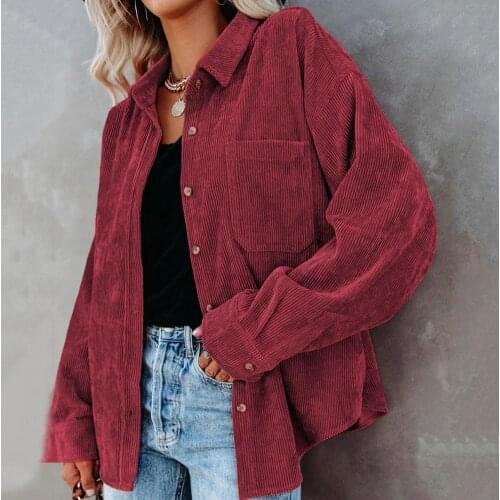 Women Corduroy Shirts Coat Pockets Oversized Jacket Long Sleeve Lapel Collar Autumn Vintager Casual Blouses Outerwear Chic Tops