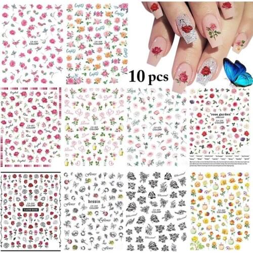 10 Sheets Kapmore Valentine Nail Sticker 3D Realistic Rose Nail Decal Fingernail Decal Colorful Rose Flower Manicure Stickers