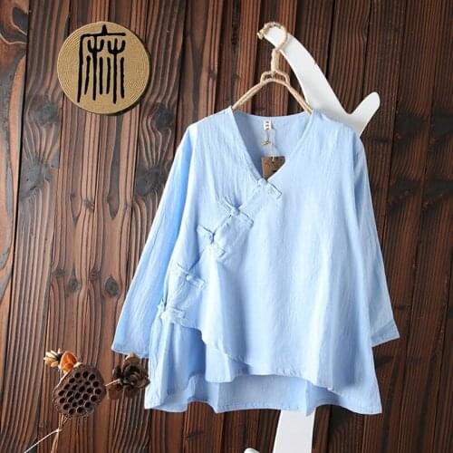 Chinese Style Autumn Woman Casual Vintage Oblique Button Cotton Linen Blouse Girl Asymmetrical Tops Green Blusa Shirt Clothes