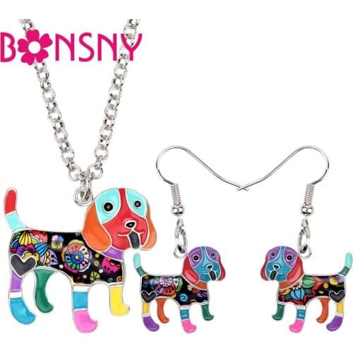 Bonsny Enamel Alloy Cartoon Beagle Dog Earrings Necklace Jewelry Sets For Women Girls Pet Lovers Teen Gift Bijoux Accessories