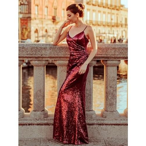 Burgundy Evening Dresses For Women Party Ever Pretty EP07886 Elegant V-Neck Mermaid Sequin Wedding Formal Gown Abendkleider 2021