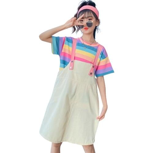 Kids Clothes Rainbow Tshirt + Jumpsuit Girl Clothes Summer Girls Clothing Sets Casual Style Kid Clothes 6 8 10 12 14
