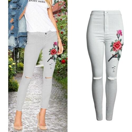 Summer White Gray Skinny Ripped High Waist Jeans Woman New Bodycon Embroidery Sexy Denim Ladies Jeans Women Pants Streetwear